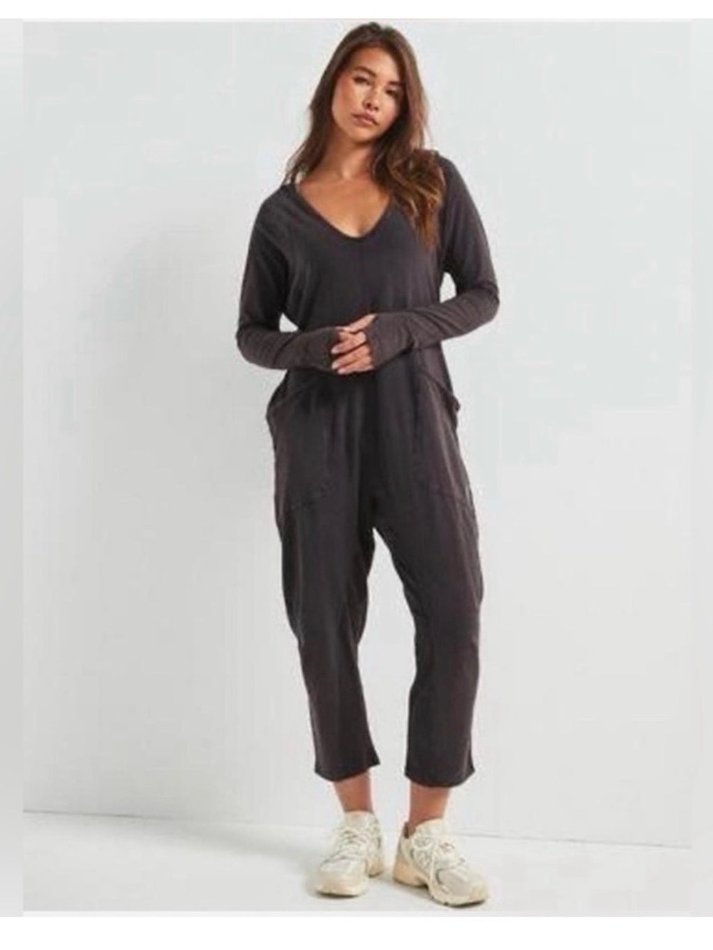 Hot shot long sleeve jumpsuit small Relaxed V-Neck washed black Jumpsuit